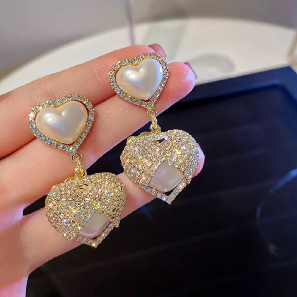 Gold Plated Rhinestone Heart Earrings